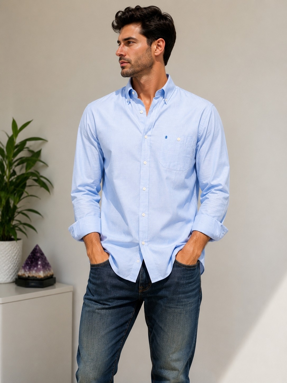 IZOD Saltwater Men’s Light Blue Button Down Shirt Size M 100% Cotton Casual